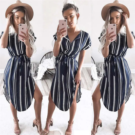 Women's V Neck Printed Midi & Striped Dress