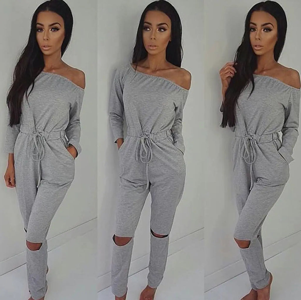 Women's Off Shoulder Ripped Jumpsuit