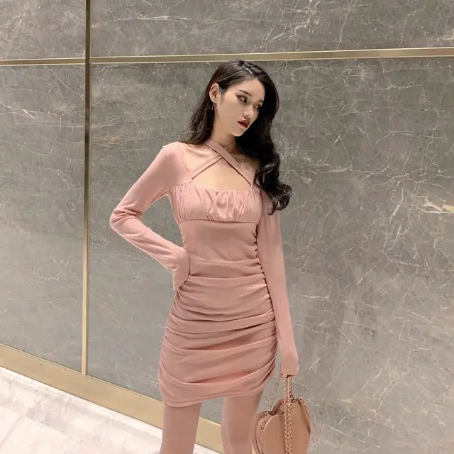 Women's Long Sleeve Short Dress With Tie
