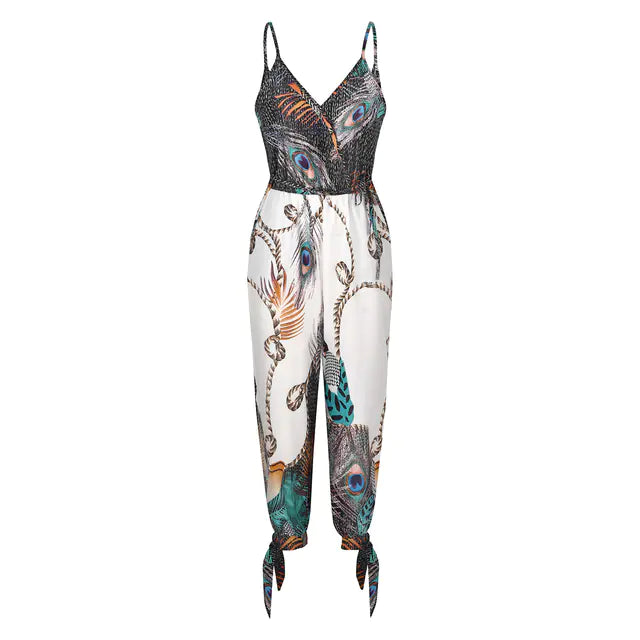 Women's Feather Print Sleeveless Jumpsuit