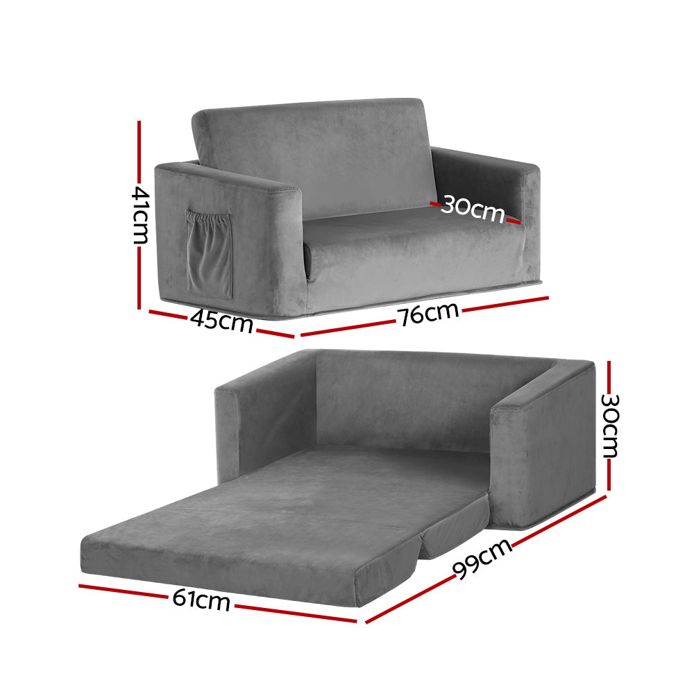 Keezi Kids Sofa 2 Seater Children Flip Open Couch Velvet Armchair Grey Secondary image