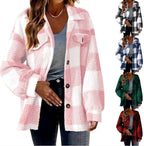 Plush Plaid Womens Autumn And Winter Open Button Lapel Thermal Plaid Pattern Jacket