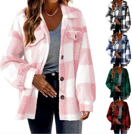 Plush Plaid Womens Autumn And Winter Open Button Lapel Thermal Plaid Pattern Jacket
