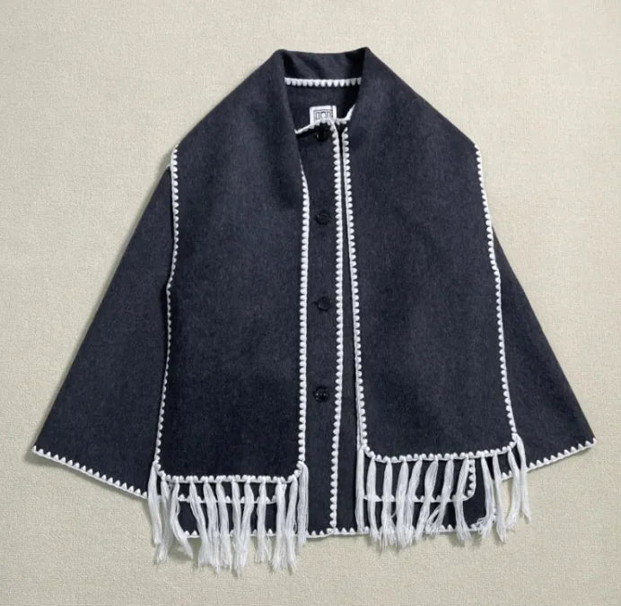Tassel Scarf Collar Wool Blend Coat Main image