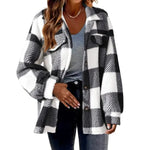 Plush Plaid Womens Autumn And Winter Open Button Lapel Thermal Plaid Pattern Jacket