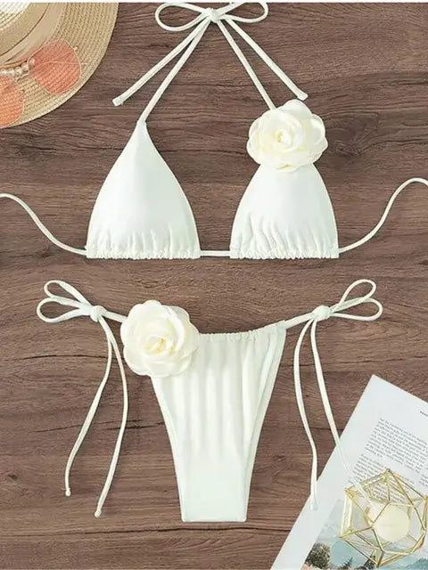 Women's Strappy Halter 3D Flowers Bikini Set