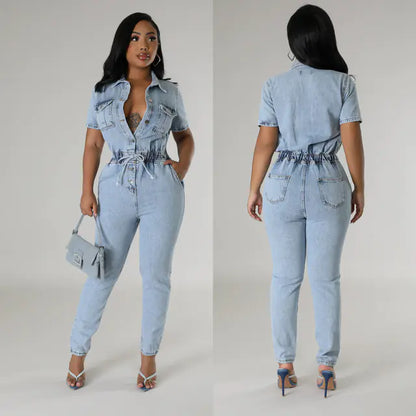 Women's Elegant Blue Denim Stretch Jumpsuit