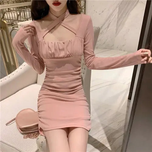 Women's Long Sleeve Short Dress With Tie