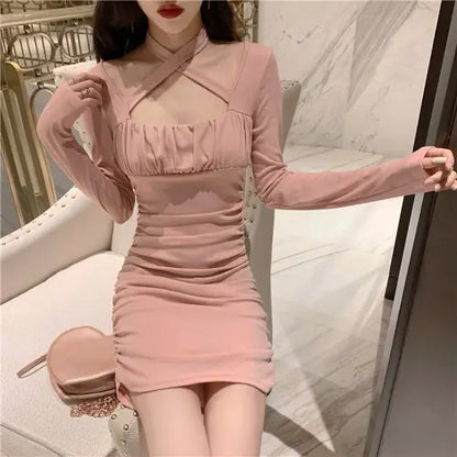 Women's Long Sleeve Short Dress With Tie