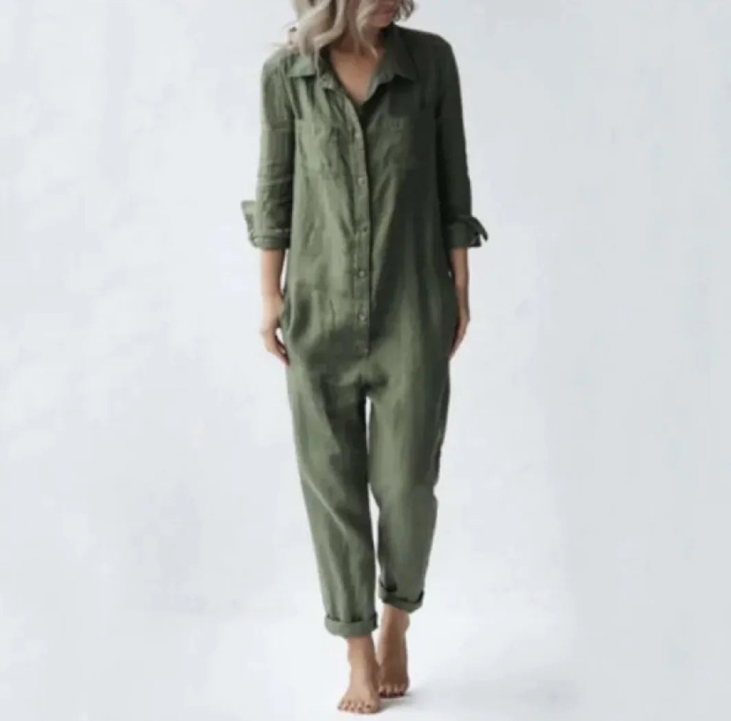 Womens Casual Long Sleeve Button Jumpsuit