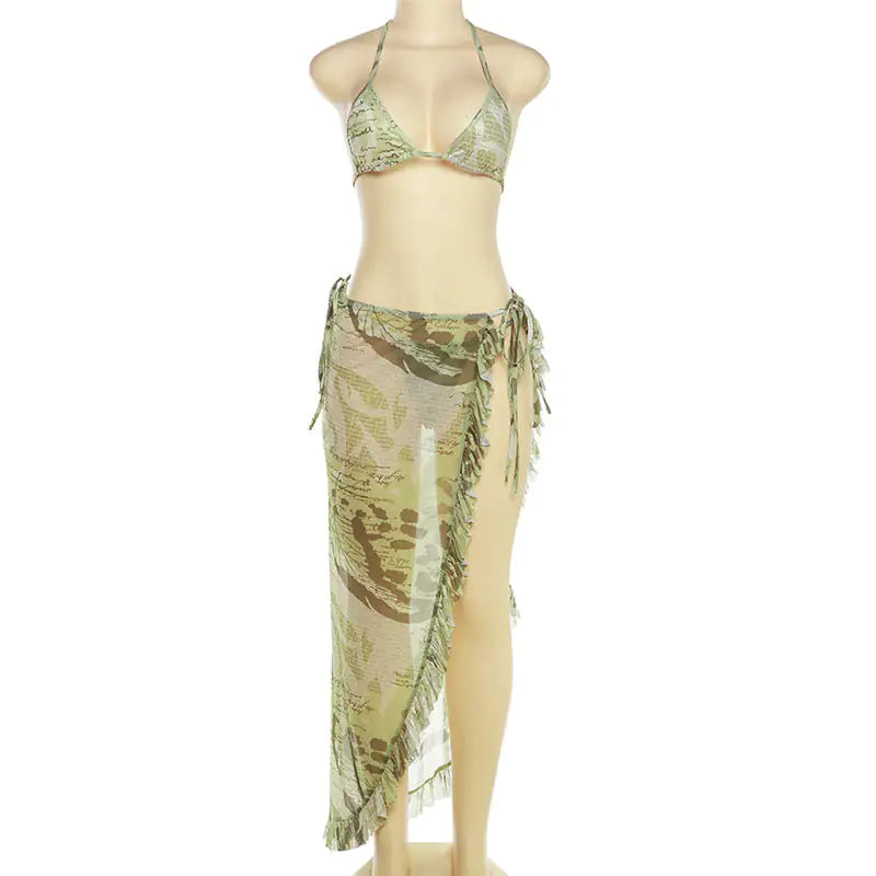 Women's 3 Piece Printed Bikini Skirt Set