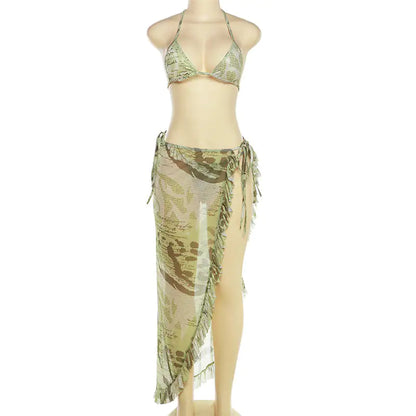 Women's 3 Piece Printed Bikini Skirt Set