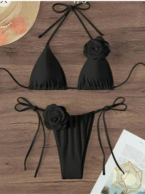 Women's Strappy Halter 3D Flowers Bikini Set