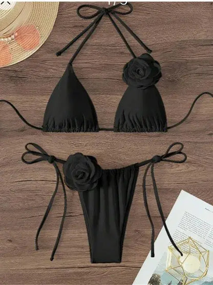 Women's Strappy Halter 3D Flowers Bikini Set