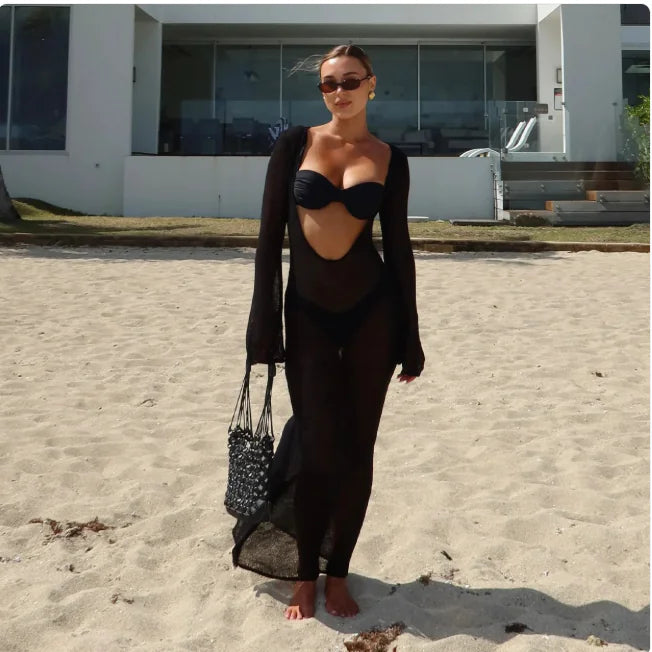 Women's Sheer Backless Knitted Dress Set (Dress + Top + Pants)