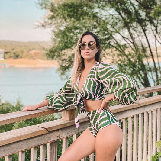 Women's Long Sleeve High Waisted Two Piece Bikini Set