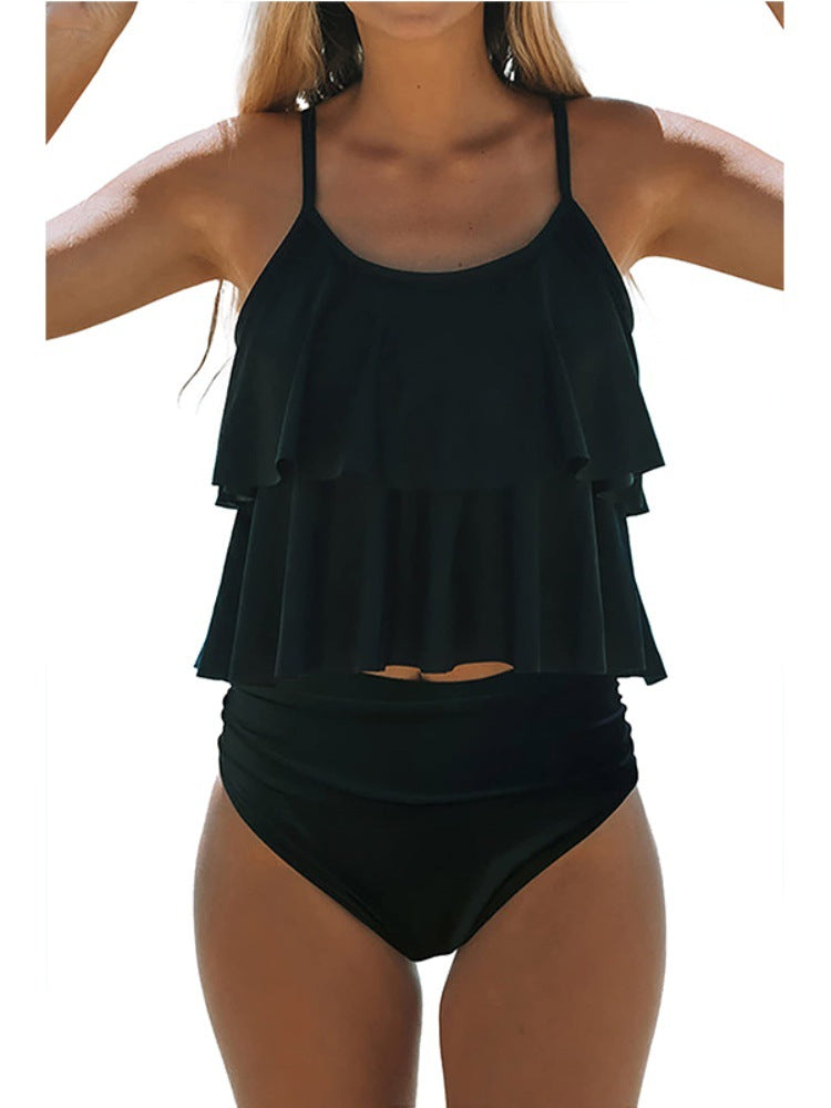 Women's Black Tankini With Double Straps & Print
