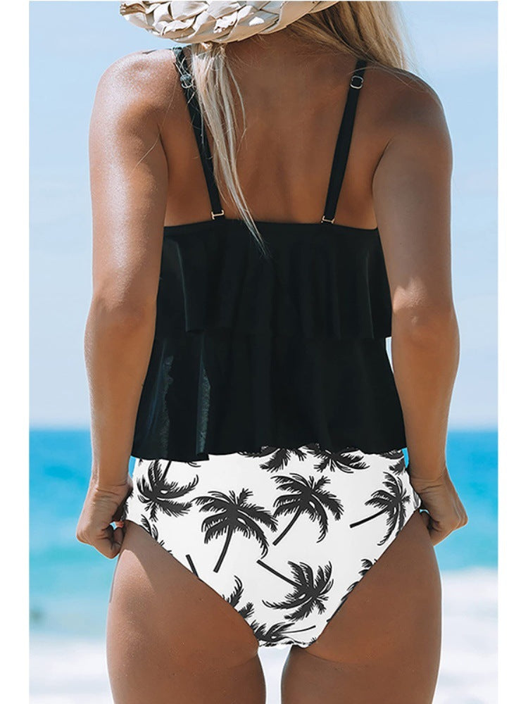 Women's Black Tankini With Double Straps & Print
