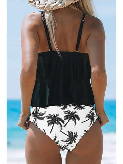 Women's Black Tankini With Double Straps & Print