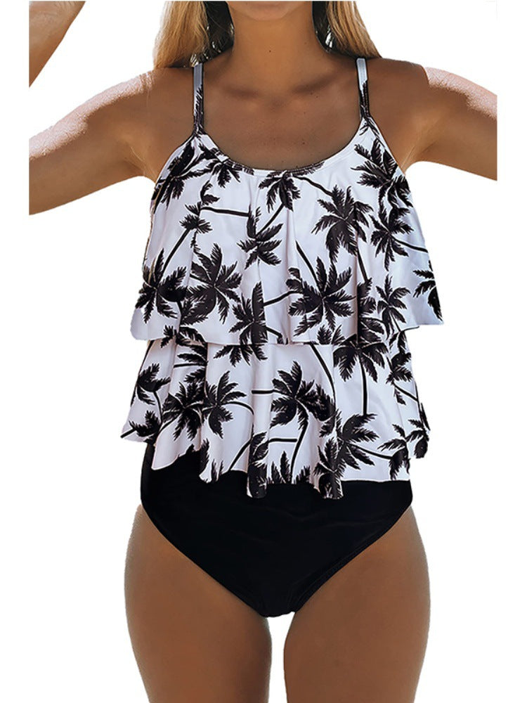 Women's Black Tankini With Double Straps & Print