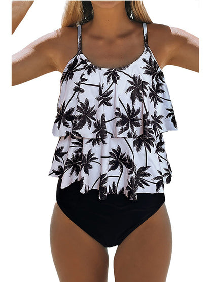Women's Black Tankini With Double Straps & Print