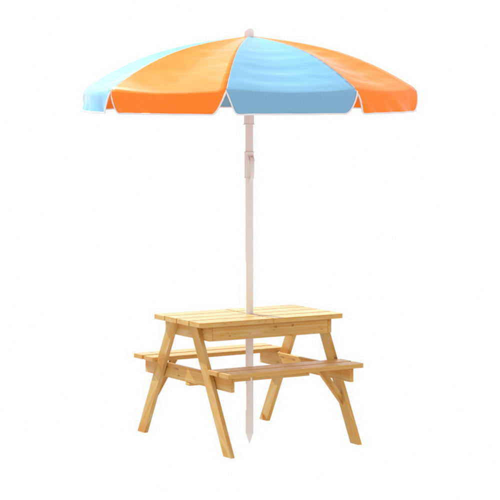 Keezi Kids Outdoor Table and Chairs Picnic Bench Umbrella Set Water Sand Pit Box Main image