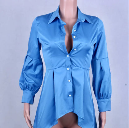 Women's Solid Color Lantern Sleeve Tail & Button Shirt Dress