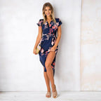 Women's V Neck Printed Midi & Striped Dress