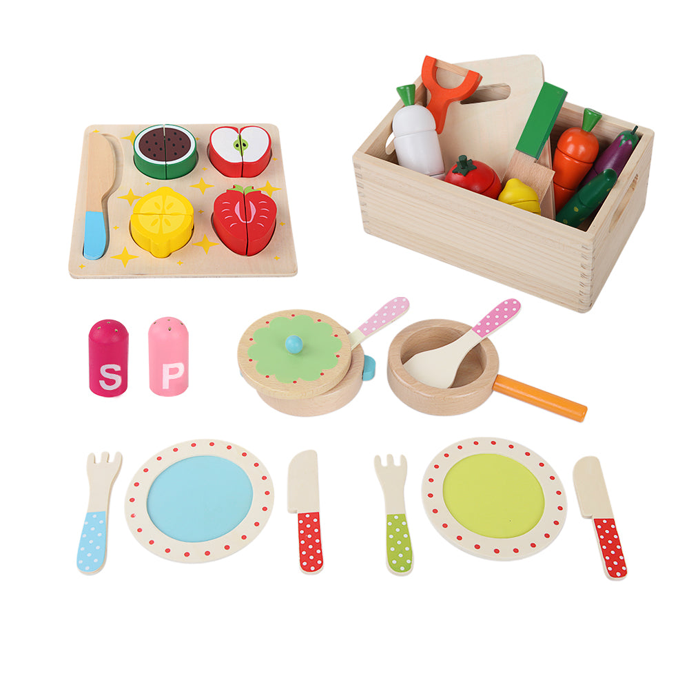 Keezi Kids Kitchen Play Set Wooden Pretend Toys Cooking Utensils Pots Pans Food Main image