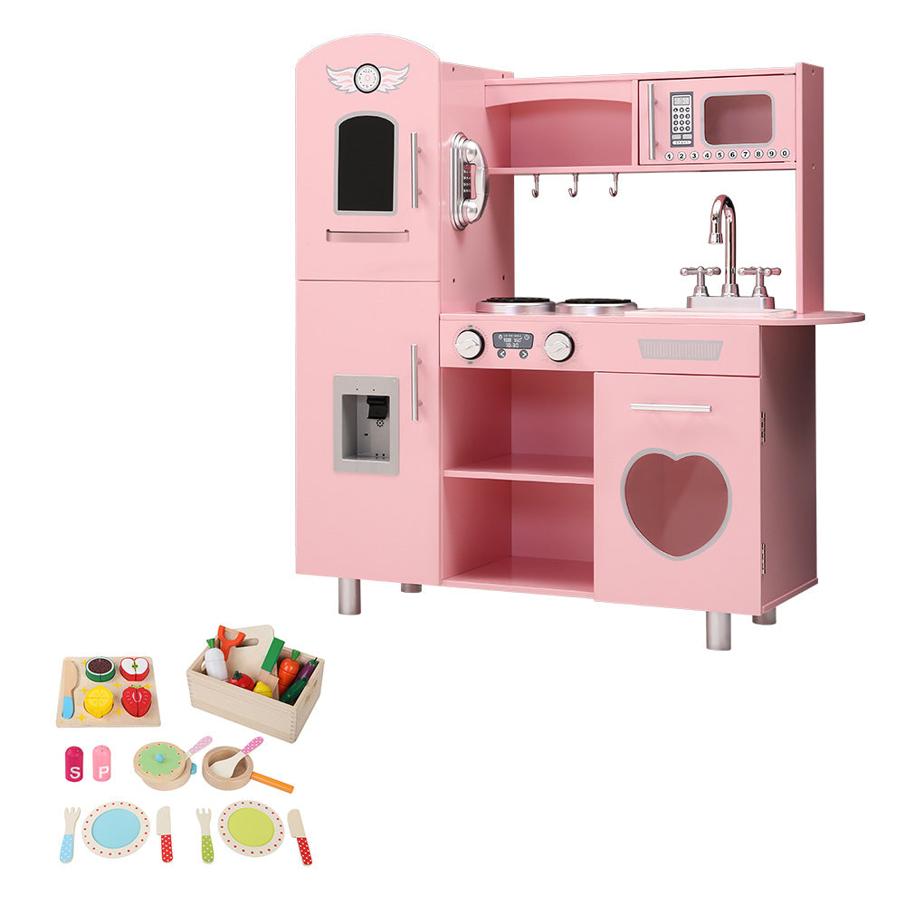 Keezi Kids Kitchen Play Set Wooden Pretend Toys Cooking Children Food Pink Main image