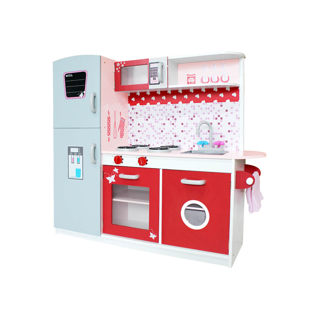 Keezi Kids Kitchen Play Set Wooden Pretend Toys Cooking Children Fridge Oven Red Main image