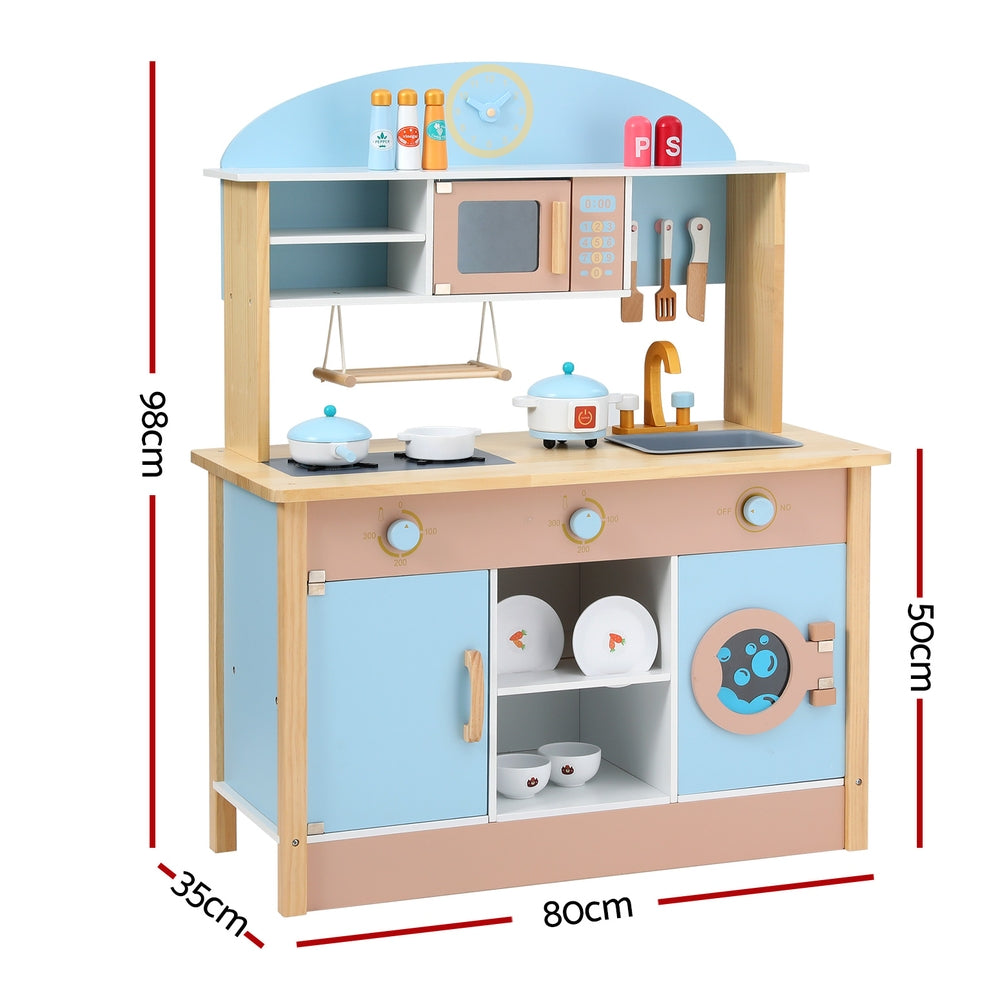 Keezi Kids Wooden Pretend Kitchen Play Sets Cooking Toys Pot Pan Bowls Oven Dishwasher 80CM Blue Secondary image