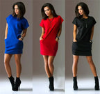 Women's Solid Color Slim Fit Round Neck Pocket Dress