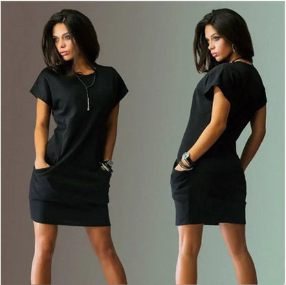 Women's Solid Color Slim Fit Round Neck Pocket Dress