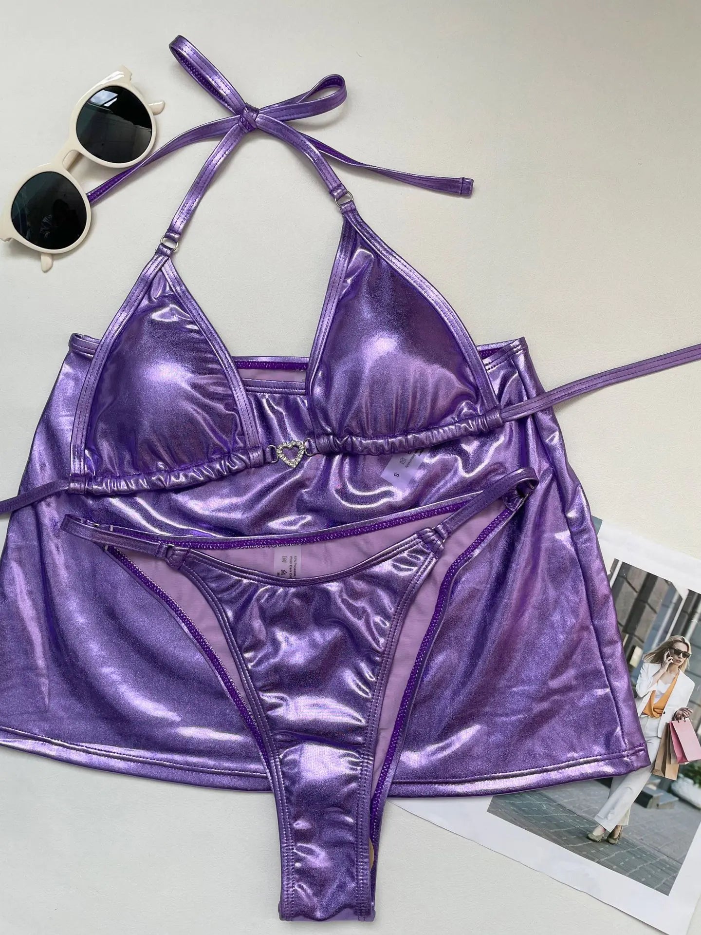 Women's Sexy Triangle Metal Bikini Set with Mini Skirt - 3 Pieces