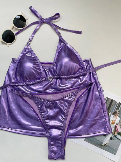 Women's Sexy Triangle Metal Bikini Set with Mini Skirt - 3 Pieces