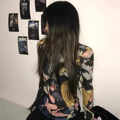 Japanese Anime Print Long Sleeve Mesh Top