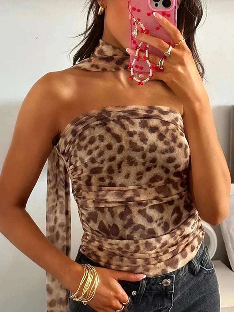 Women's Leopard Strapless Backless Mesh Top & Bottom