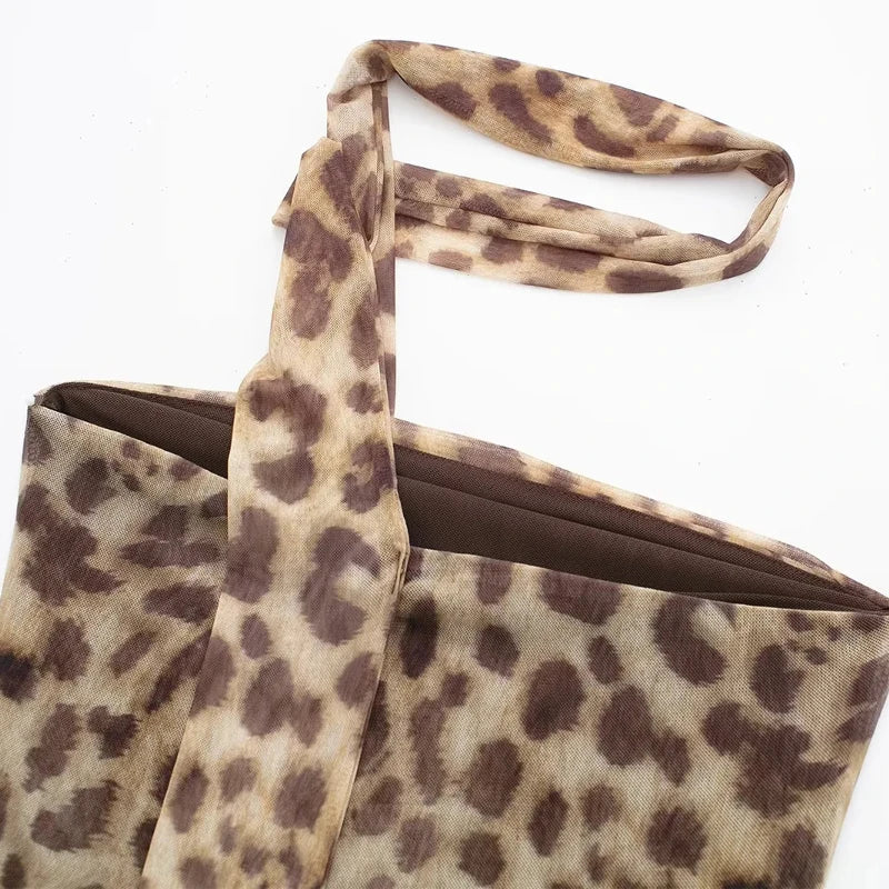 Women's Leopard Strapless Backless Mesh Top & Bottom
