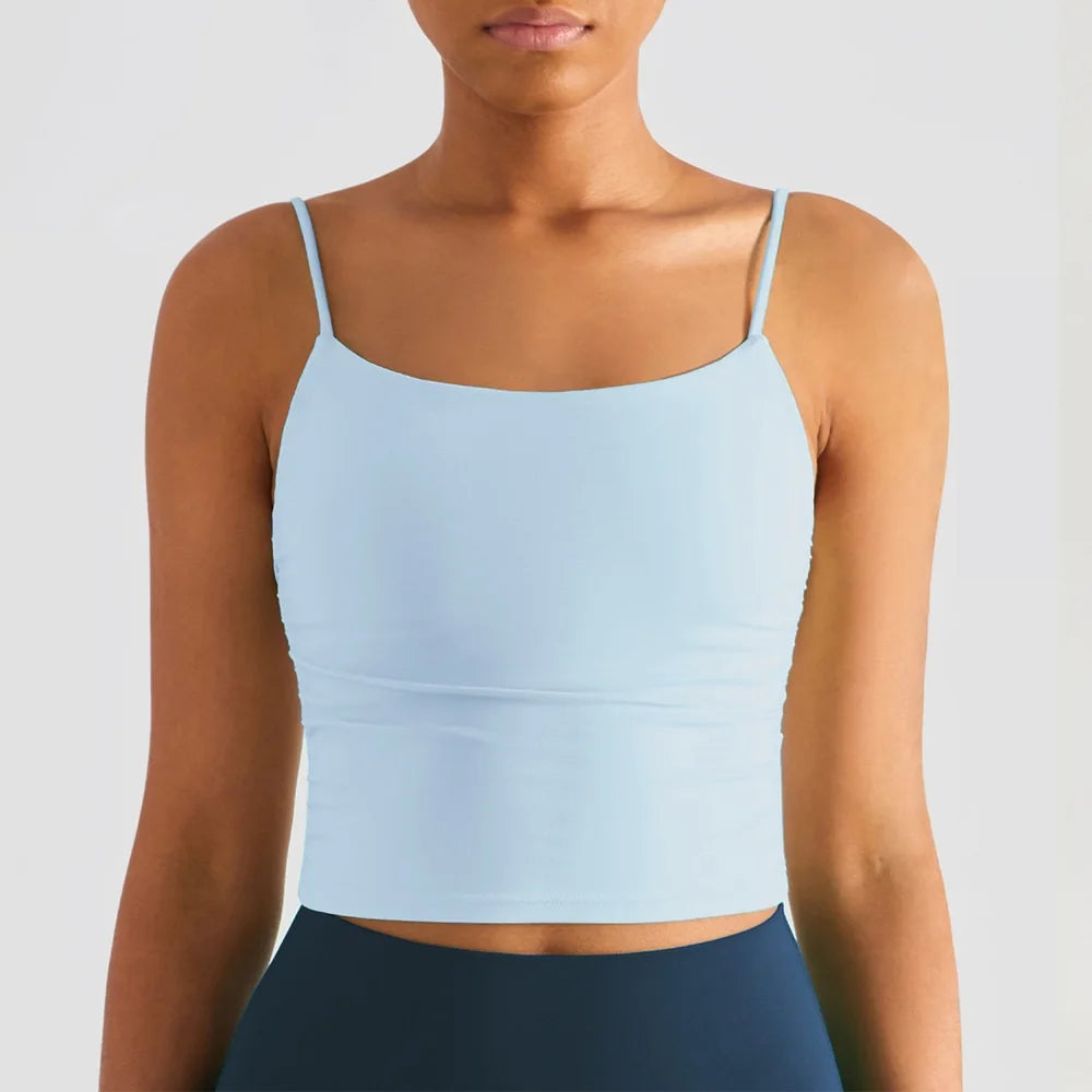 Solid Color Suspender Pleats Women Fitness Bra Gym Sports Top With Chest Pad