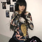 Japanese Anime Print Long Sleeve Mesh Top Anime Women's Tops Not Branded