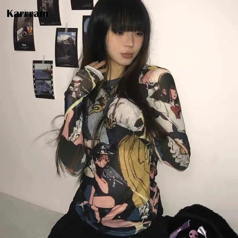Japanese Anime Print Long Sleeve Mesh Top Anime Women's Tops Not Branded