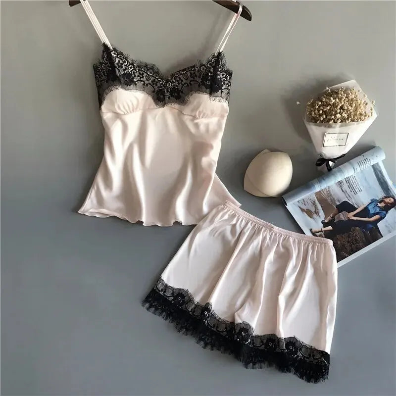 Women V Neck Stretch Satin Babydoll Lace Lingerie Pajama Set