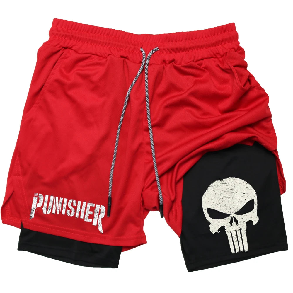 Marvel The Punisher Gym Men Fitness 2 In 1 Anime Performance Mesh Quick Dry Shorts