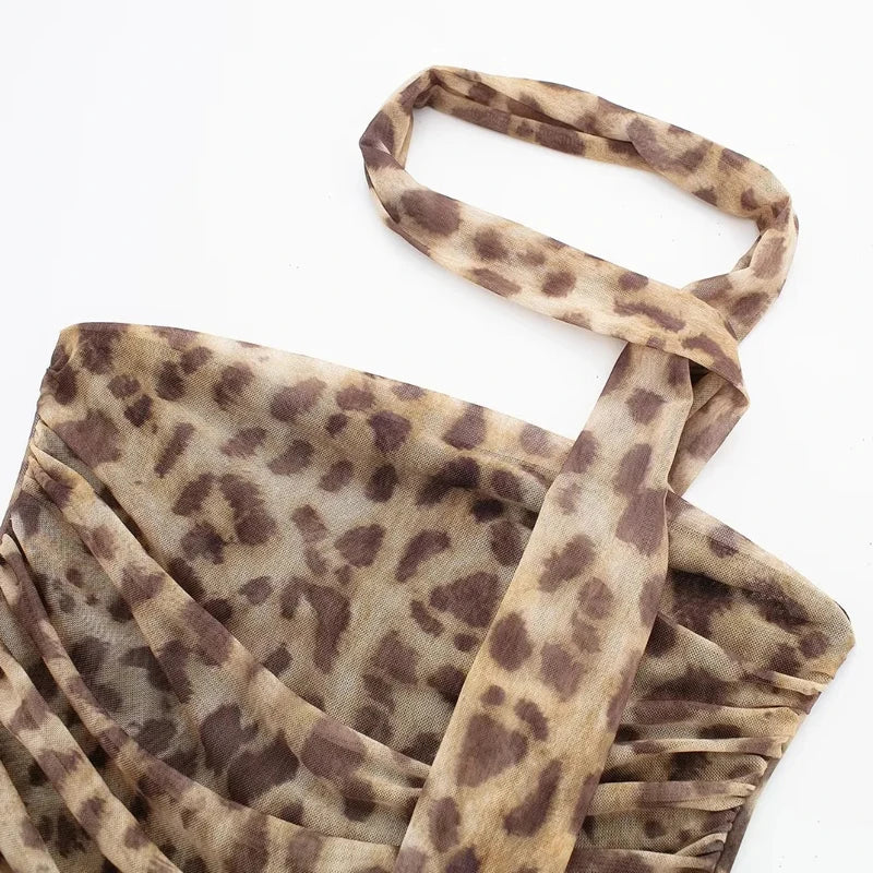 Women's Leopard Strapless Backless Mesh Top & Bottom