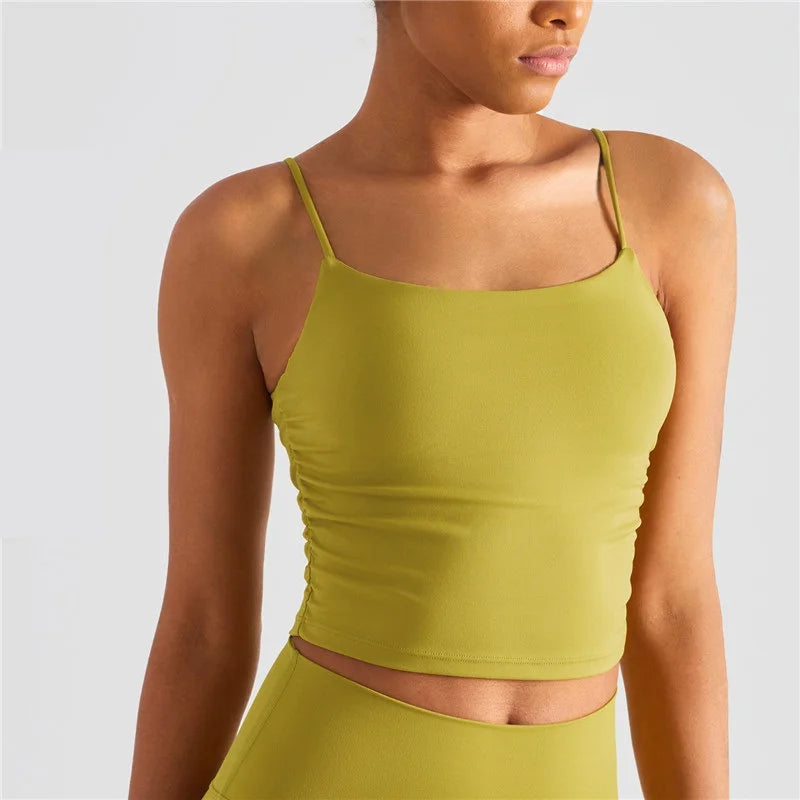 Solid Color Suspender Pleats Women Fitness Bra Gym Sports Top With Chest Pad