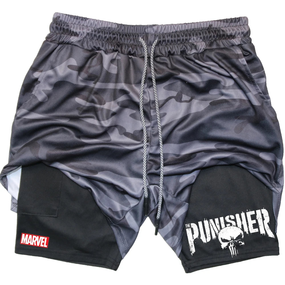 Marvel The Punisher Gym Men Fitness 2 In 1 Anime Performance Mesh Quick Dry Shorts