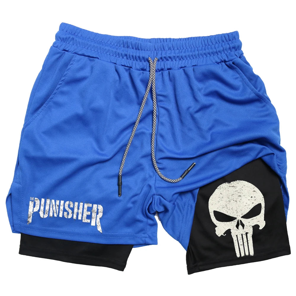 Marvel The Punisher Gym Men Fitness 2 In 1 Anime Performance Mesh Quick Dry Shorts