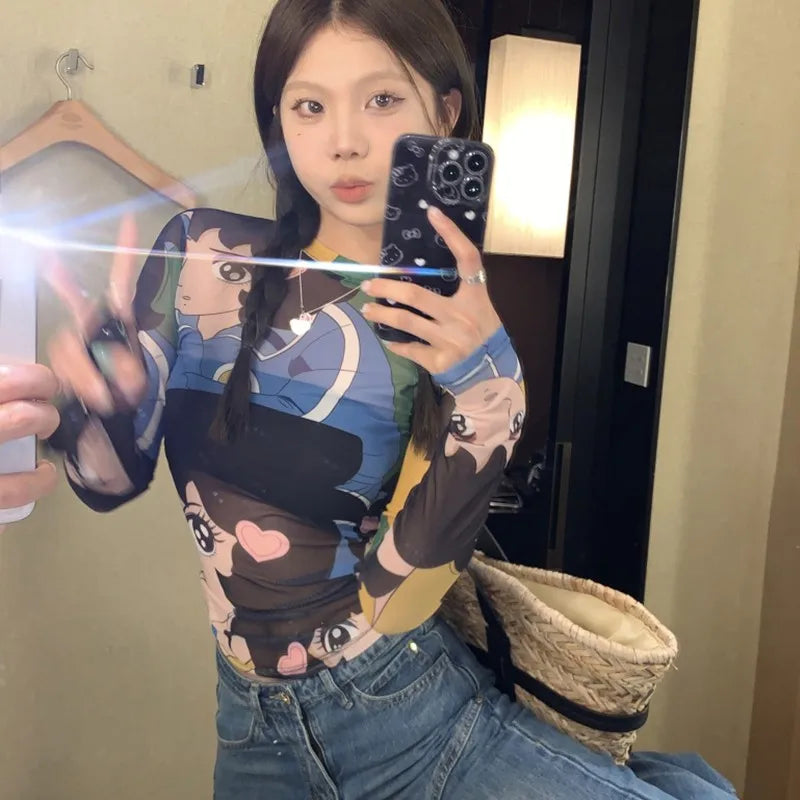 Japanese Anime Print Long Sleeve Mesh Top
