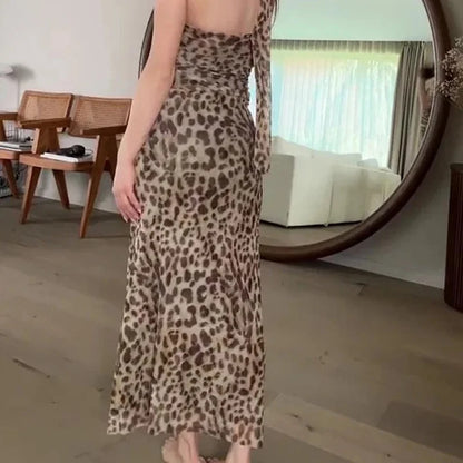 Women's Leopard Strapless Backless Mesh Top & Bottom